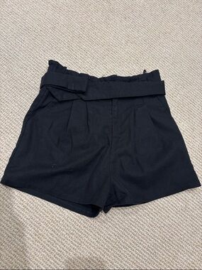 She + Sky Black High-Waist Belted Paperbag Shorts